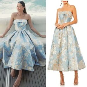 Mac Duggal 20726 Size 14 Blue Gold Floral Strapless Brocade Midi Dress Gown